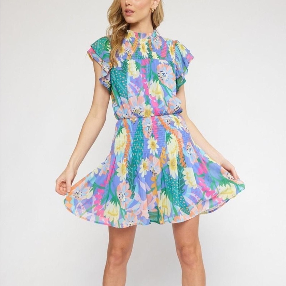 ENTRO Floral Smocked Waist Ruffle Neck Dress